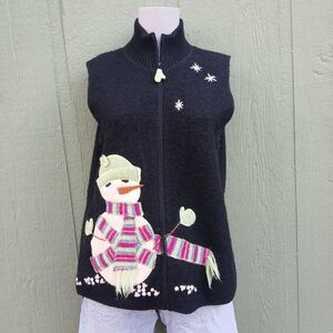 Black Snowman Sweater Vest, Coldwater Creek, Womens M Winter Knit Y2K 90s